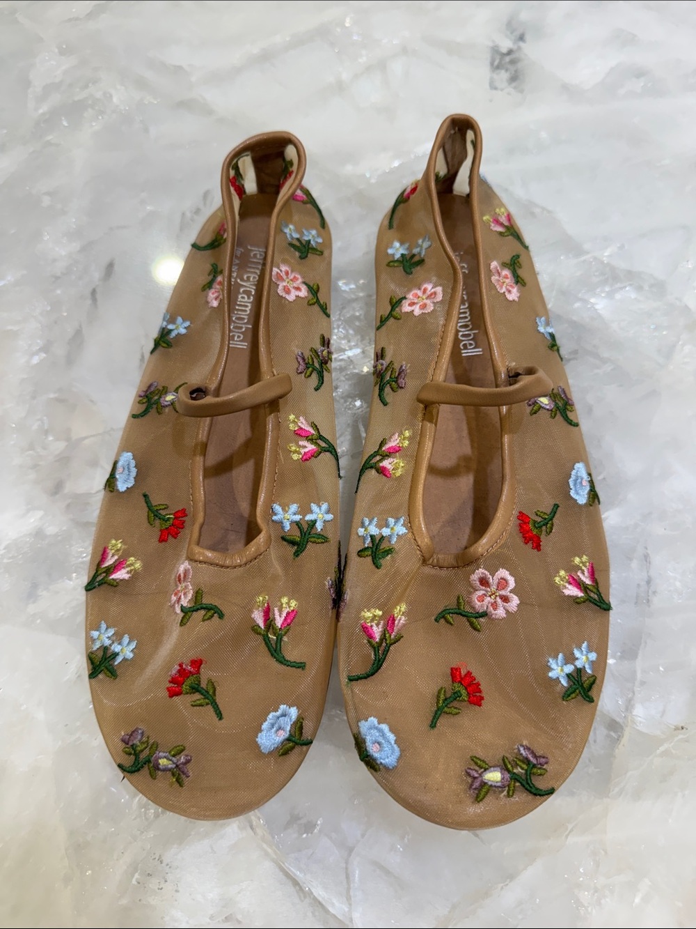 Jeffrey Campbell Neutral Tan Floral Embroidered Ballet Flats